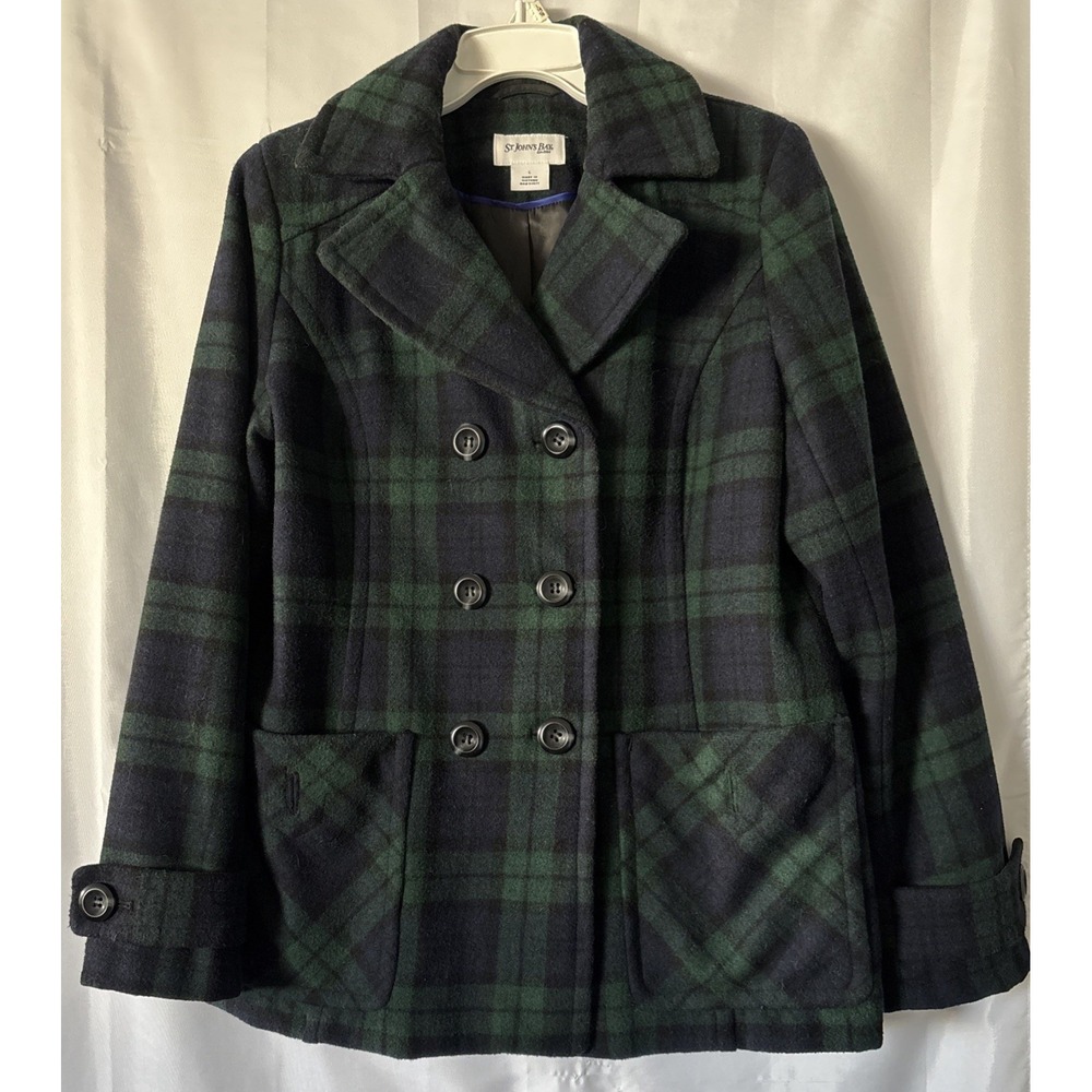 St Johns Bay Women's Green/ Navy Plaid Wool Blend Double Breasted Pea Coat LG
